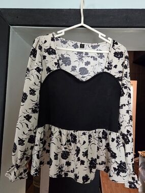Black & White Floral Peplum Blouse with Contrast Bodice